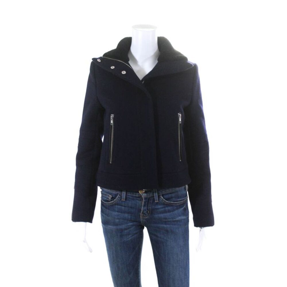 Doma Womens Wool Fur Lined High Neck Zip Up Cropped Jacket Navy Blue Size XS
